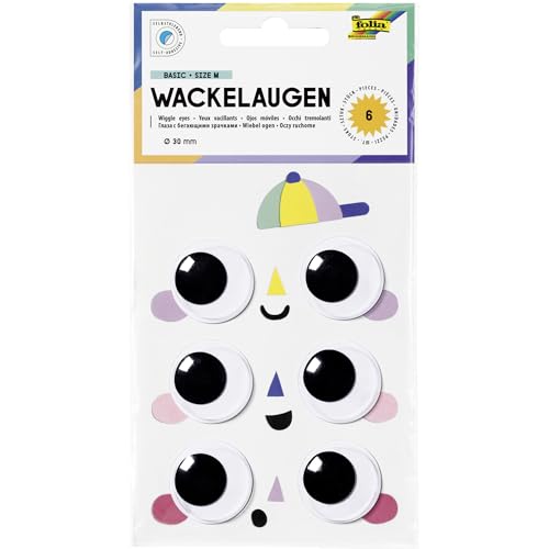 folia 750030 - Wackelaugen BASIC SIZE M, 6 klassische Kulleraugen in Ø 3 cm, aus Kunststoff, selbstklebend, zum Verzieren und Dekorieren von folia