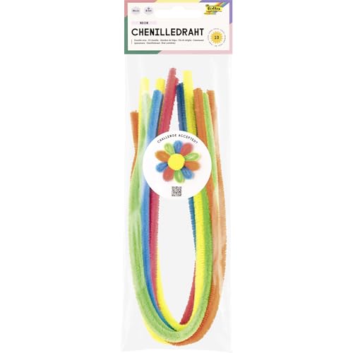 folia 779894 - Chenilledraht NEON, 10 Pfeifenputzer in Neonfarben, 50cm x Ø 8 mm, zum Basteln und Gestalten kleiner Chenille-Figuren von folia