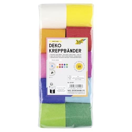 folia 82109 - Kreppbänder, Krepppapierband, 10 Rollen in verschiedenen Farben, jede Rolle ca. 5 x 10 cm, sehr elastisches und dünnes Papier, mit einer unebenen und rauen Oberfläche, Partydeko von folia