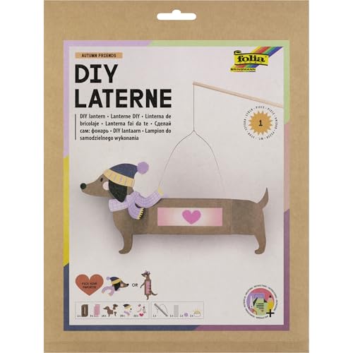 folia 94303 - DIY Laterne AUTUMN FRIENDS, ca. 8 x 45,5 x 8 cm - Laternen Bastelset gestaltbar als Dackel oder Erdmännchen, inkl. LED Licht, 2 Batterien und Klebepad von folia