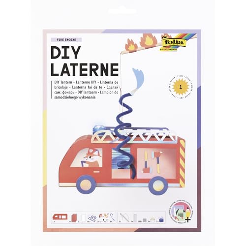 folia 95306 - DIY Laterne FIRE ENGINE, ca. 10,5 x 27 x 10,5 cm - Laternen Bastelset gestaltbar als Feuerwehrauto, inkl. LED Licht, blauem Blinklicht, 4 Batterien und 2 Klebepads von folia