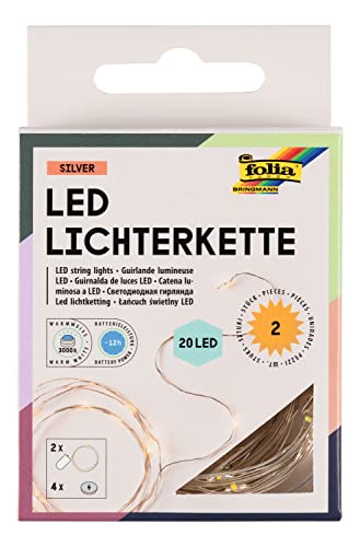 folia 986 - 2x Micro-LED Lichterkette mit je 20 LEDs in Warmweiß, ca. 2,20 m lange LED Beleuchtung aus Silberdraht, inkl. 4 Batterien von folia