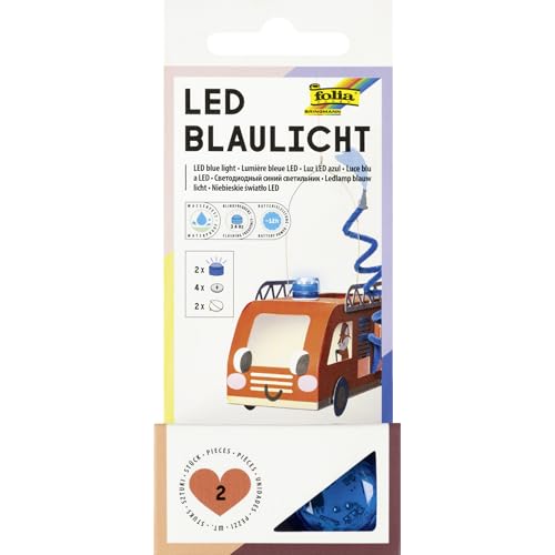folia 989/2 - LED Blaulicht, 2 Stück mit ⌀ 3 x 2,3 cm, Blinkfrequenz von 3,4 Hz, wasserfest, Laufzeit von bis zu 12h, inkl. 4 Batterien und 2 Klebepads von folia