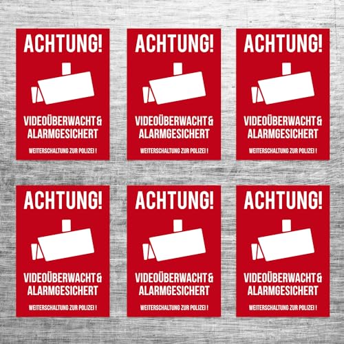 foliado® 6 Stück Aufkleber Hinweisaufkleber DIN A8 7,4 x 5,2 cm Sicherheit Schutz vor Diebstahl - Ideal für Objekte zur Abschreckung AVAS-004 (Achtung - Videoüberwacht) von foliado