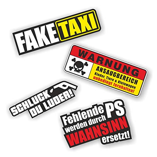 Folien-Zentrum - 4 Aufkleber Set - Fake Taxi 14,5x4cm - Warnung 13,5x5cm - Schluck 12x3,5cm - Fehlende PS 11x7cm - hochwertiger Aufkleber Auto Tuning - EOM & JDM Auto Sticker - Lustige Aufkleber Auto von folien-zentrum