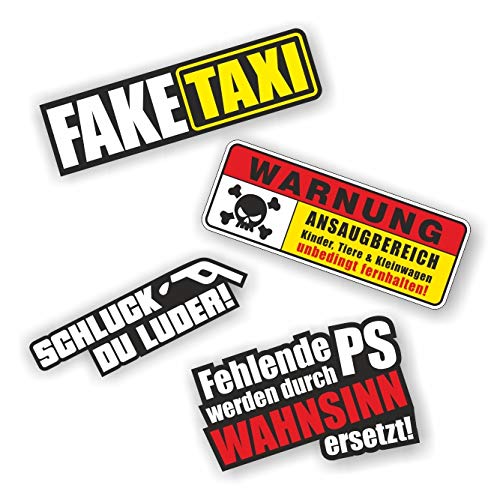 Folien-Zentrum - 4x Aufkleber Auto Set - Fake Taxi - Warnung Ansaugbereich - Schluck du ... - Fehlende PS Wahnsinn - Fun Autosticker Spruch - Autoaufkleber Sticker - Lustige Sprüche - Made in Germany von folien-zentrum
