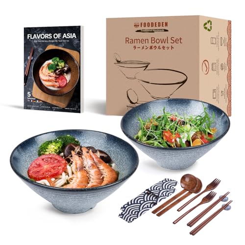Keramik-Suppenschüssel-Set, 2×1500 ml Ramen Bowl, Große Japanisches Nudelschalen mit Löffel und Stäbchen, Traditionell Asiatisches Geschirr Set, für Udon, Pasta, Pho, Soba, Müsli & Salat von foodeden
