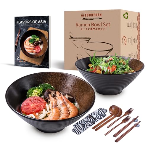 Keramik-Suppenschüssel-Set, 2×1000ml Ramen Bowl, Große Japanische Nudelschalen mit Löffel und Stäbchen, Traditionelles Asiatisches Geschirr Set, für Udon, Pasta, Pho, Soba, Müsli & Salat von foodeden