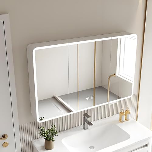 Badezimmer-Spiegelschrank mit beleuchtetem LED-Licht, intelligenter Badezimmer-Medizinschrank, Schminkspiegelschränke, Spiegel, Medizinschrank mit HD-Spiegel, mit (Größe: 70 x 13 x 70 cm), Farbe: Weiß von forestalk