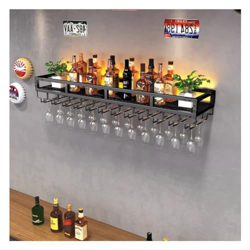 Barschrank Schwimmende Regale, Wand Weinständer Mit Beleuchtung Led Reverse Weinglas Ständer Multifunktionale Eisen Flaschenhalter Gerade Hängen(Size:120x25x14cm,Color:Schwarz) von forestalk