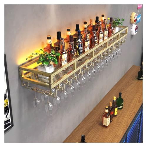 Barschrank Schwimmende Regale, Wand Weinständer Mit Beleuchtung Led Reverse Weinglas Ständer Multifunktionale Eisen Flaschenhalter Gerade Hängend S(Size:60x25x14cm,Color:Golden) von forestalk