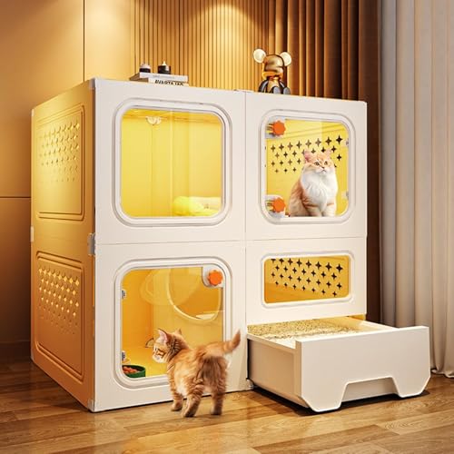 Großes Katzengehege Für Den Innenbereich, 2-stöckiges Catio-katzenhaus Mit Transparenten Fenstern Und Knaufschlössern, Geschlossene Mehrzweck-katzenwohnung Mit Katzentoile(Size:70*45*70cm,Color:Gelb) von forestalk