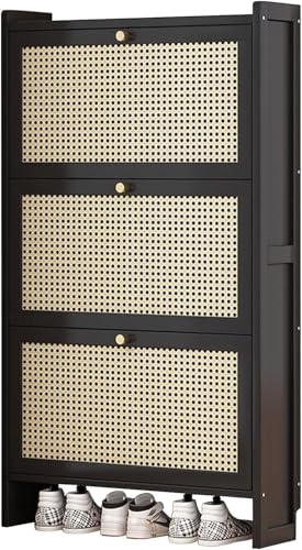 Rattan-Schuhschrank – schwarze Holz-Schuhschränke für den Flur, schmal mit 2 Klapp-/3 Klappschubladen, moderner Aufbewahrungsschrank oder Absätze, Hausschuhe, freistehendes Schuhregal für den von forestalk