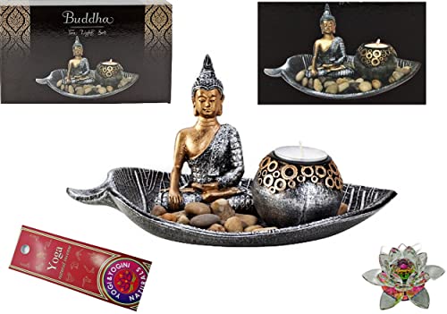 forever-vital Buddha Figur sitzend in hübscher Blattschale- Zen - mit Teelicht - Kristall-Lotosblume - Räucherstäbchen Meditation Zubehör Yogazubehör Asiatica, Grau Glänzend von forever-vital