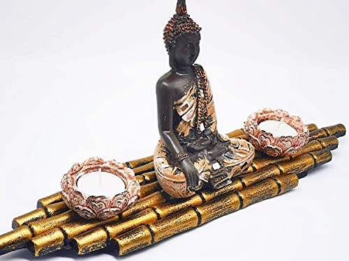 forever-vital Buddha Zen Garten Teelicht-Halter Set Meditation Feng Shui 4 teiliges Meditationshilfe Set Mönch Figur sitzend auf Bambus umgeben von 2 Teelichtern von forever-vital