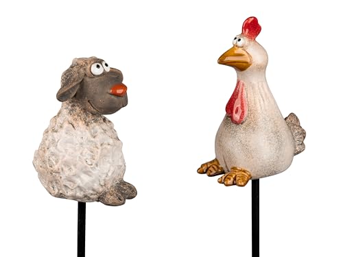 1 Stück Blumenstecker Gartenstecker Schaf oder Huhn aus Steinzeug matt + glänzend kombiniert und handbemalt von formano