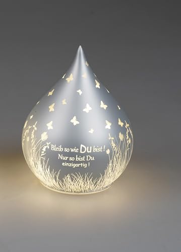 Deko-Licht Tropfen silber13cm aus mattem Farbglas mit LED-Licht, Spruch: Bleib so wie Du bist... + Dekor verziert, inklusive Timerfunktion, für 3x AA Batterien 1,5V-beleuchtete Dekolampe Deko-Licht Tropfen silber13cm aus mattem Farbglas mit LED-Licht, Spruch: Bleib so wie Du bist... + Dekor verziert, inklusive Timerfunktion, für 3x AA Batterien 1,5V-beleuchtete Dekolampe von formano