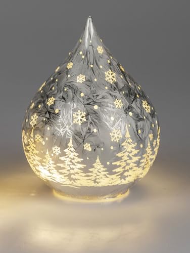Deko-Tropfen in Frosty-Silber mit LED-Licht + Timer 15cm aus Farbglas in geeister Optik mit winterlichem Dekor verziert, für 3x AA Batterien 1,5V-beleuchtete Dekolampe Deko-Tropfen in Frosty-Silber mit LED-Licht + Timer 15cm aus Farbglas in geeister Optik mit winterlichem Dekor verziert, für 3x AA Batterien 1,5V-beleuchtete Dekolampe von formano