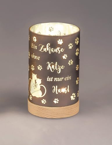 Dekoration 1 Stück Deko-Licht 15cm mit Spruch und Timer-hellbrauner Holzsockel- EIN zu Hause ohne Katze ist nur EIN Haus von formano