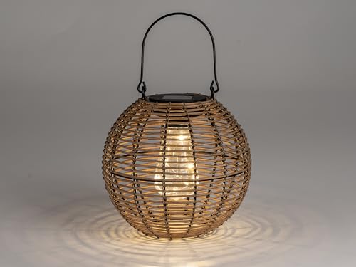 Dekorative Laterne rund mit Solar-Licht 19cm, aus Metall gefertigt und mit naturfarbenen Kunststoff-Bändern bespannt von formano