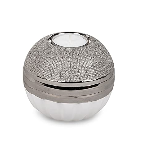 Teelichtleuchte Windlicht Kerzenhalter Rund Keramik Weiß-Silber D.10cm Formano von formano