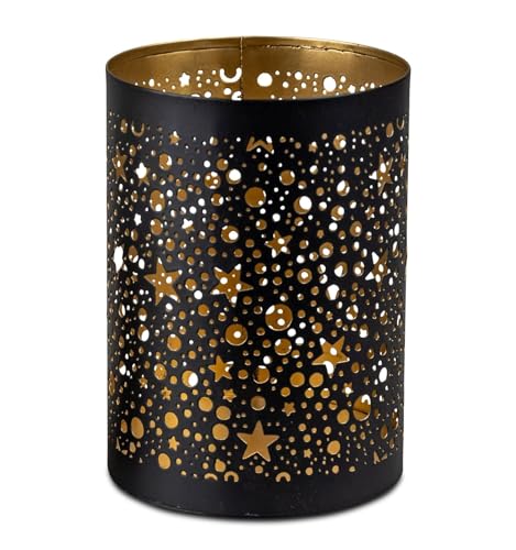 Formano Windlicht Rund Schwarz-Gold 10x14cm - Metall Kerzenhalter - Geschenkidee mit Stern-Durchbruch - Elegante Tischdeko - Wohnzimmer Beleuchtung Kerze von formano