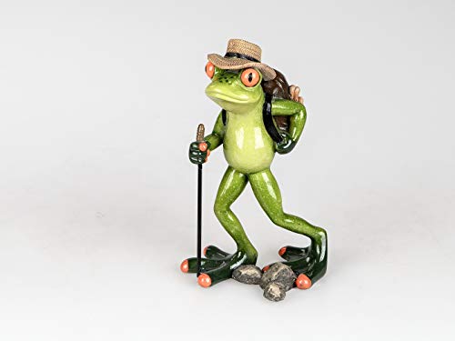 Frosch Wanderer mit Wanderstock Rucksack Kunststein hellgrün von formano