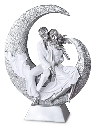 Moderne und exklusive Skulptur Liebespaar auf dem Mond aus Keramik weiß/silber Höhe 40 cm von formano