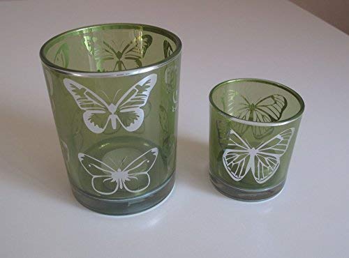 Windlicht 12cm und Windlicht 8cm aus Farbglas mit Schmetterlingen (Grün) von formano