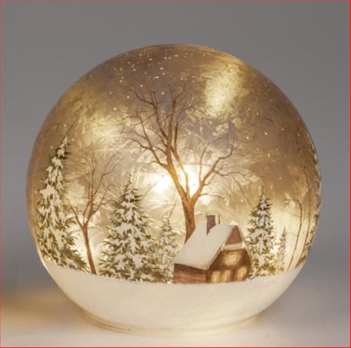 Winterkugel Weihnachtskugel Deko-Kugel Glaskugel Dekolampe mit LED-Licht + Timer 15cm aus Glas in geeister Optik mit aufgedruckter Winterlandschaft verziert, für 3xAA Batterien 1,5V von formano