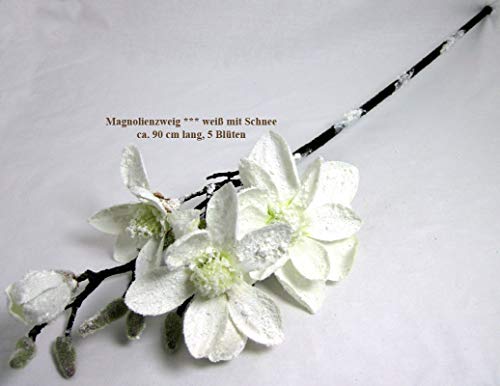 formano 1 Magnolienzweig Weiss 88cm mit goßen Blüten + Knospen und Schneedekor veredelt von formano