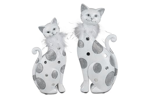 1 Stück Katze Weiss-Silber + Federn 10x23cm Links oder rechts schauend aus Kunststein gefertigt und mit Spiegel-Elementen und Relief verziert- Geschenke für Katzenliebhaber von formano