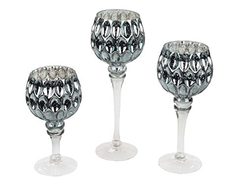 3er Set Glaskelch blaugrau-Silber 20-30cm Glaswindlicht Teelichthalter Windlicht von formano