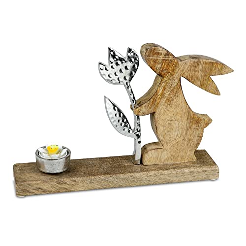 formano Deko-Hase mit Teelichthalter aus Mangoholz und Alu, Höhe: 30 cm, Braun-Silber, 1 Stück von formano