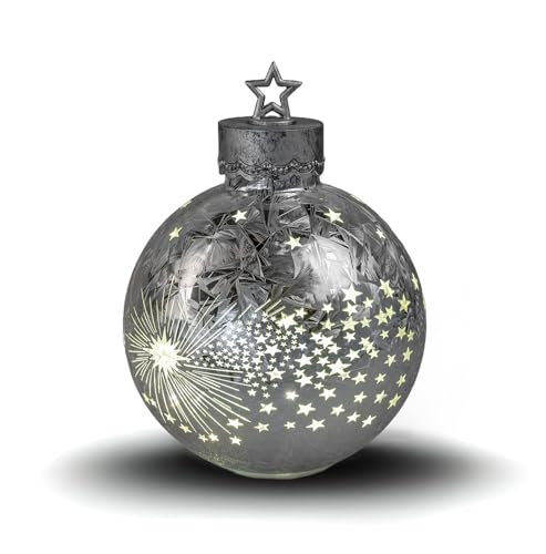 formano Deko-Kugel Silber- Frosty 30cm mit LED Licht Timer Beleuchtete Glaskugel - Weihnachtsdekoration Tisch Regal Deko-Kugel 6h/18h Timer Weihnachtskugel zum Stellen von formano