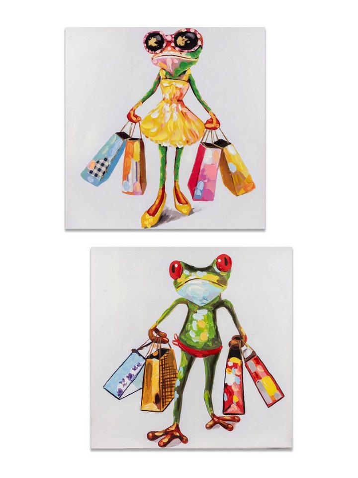 formano Dekofigur 2er Set Wandbild Shopping-Frosch 60x60 Leinwand Gemälde Froschhausen von formano