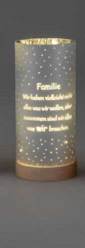 formano Frühlingsdekoration 1 Stück Deko-Licht 15cm mit Spruch und Timer - silber mit holzsockel, Spruch: Famlie-wir haben vielleicht nicht alles.. von formano