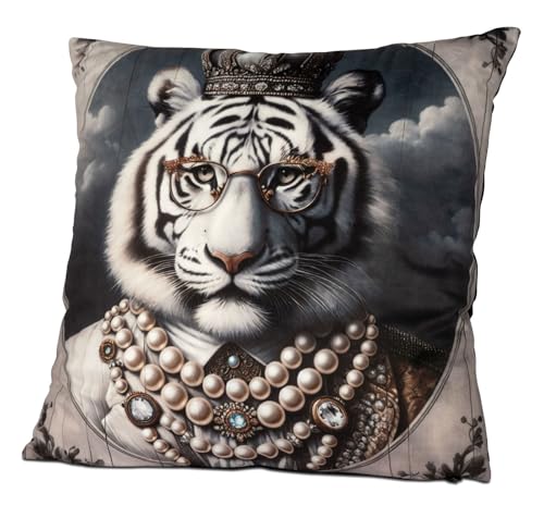 formano Samt-Kissen Weißer Tiger mit Krone im Anzug 45cm Bedrucktes Dekokissen Sofakissen Zierkissen Tiermotiv Geschenk Wohnzimmer Schlafzimmer Dekoration Royaler Look von formano