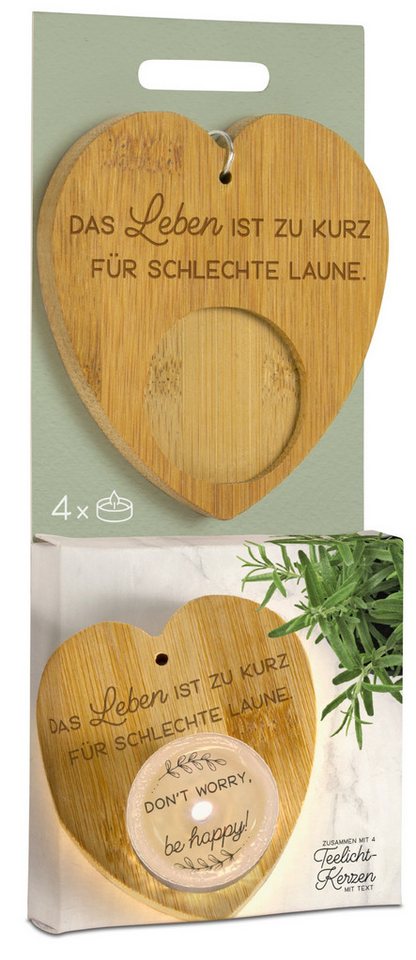formano Teelichthalter Magic Kerze zu kurz für schlechte Laune Bambus-Holz-Herz 4 Teelichter (1 St), aus Bambusholz von formano
