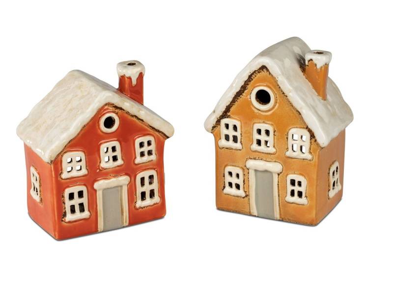 formano Teelichthalter mit Tablett 2er Set Windlicht Haus 17 cm Herbst Weihnachtsdeko Keramik handbemalt (Sparset) von formano