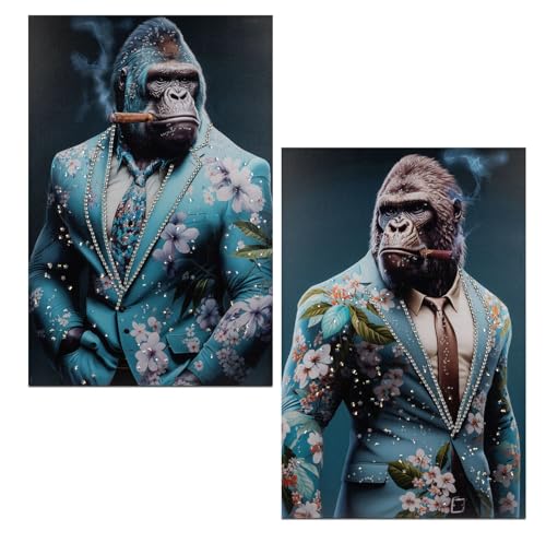 formano Wandbild Gorilla im Anzug 2er Set - 60x90cm mit glänzenden Acryl-Steinen - Moderne Leinwand Wanddekoration für Wohnzimmer Geschenkidee - Affen Tierfiguren von formano