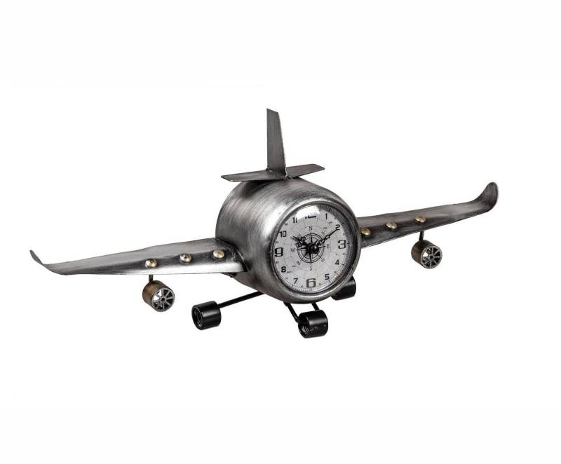 formano Wanduhr Metall Standuhr Flugzeug 40x17 cm 3D Metall Uhr Silber XL Dekoration von formano