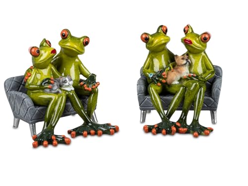 formano 2er Set Froschpaar mit Haustier auf Sofa lustige Frösche 15x12 cm Figur Dekoration Handbemalt Kunststein Skulptur Froschhausen von formano
