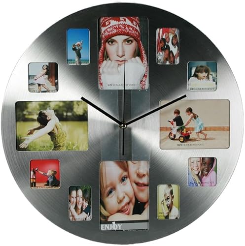 wunderschöne Fotouhr 38cm rund,Wanduhr für 12 Fotos, Aluminium Design Uhr, Fotogalerie Bilderrahmen Bildergalerie Edelstahl Look von formano