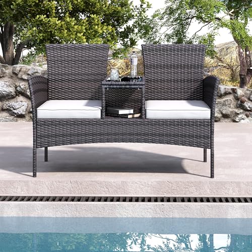 fortuna Lai Rattan Gartenbank für 2 Personen mit integriertem Tisch, Outdoor Doppelstuhl mit Glasplatte & Kissen, Balkonmöbel für Terrasse, Garten & Veranda fortuna Lai Rattan Gartenbank für 2 Personen mit integriertem Tisch, Outdoor Doppelstuhl mit Glasplatte & Kissen, Balkonmöbel für Terrasse, Garten & Veranda von fortuna Lai