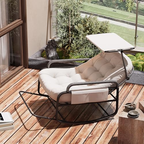 fortuna Lai Schaukelstuhl mit Verstellbarer Rückenlehne und klappbarer Fußstütze, Rattansessel mit Sonnendach, gepolstertem Sitzkissen & Aufbewahrungstasche, Relaxstuhl für Garten & Wohnzimmer, Beige von fortuna Lai