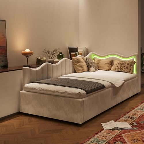 fortuna Lai Schlafsofa 90x200 cm, Polsterbett mit LED-Licht, Einzelbett Hydraulisches Bett mit Stauraum für Jugendliche, Kinder, Beige, Samt von fortuna Lai