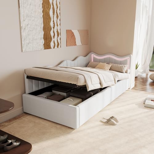 fortuna Lai Schlafsofa 90x200 cm, Polsterbett mit LED-Licht, Einzelbett Hydraulisches Bett mit Stauraum für Jugendliche, Kinder, Weiß, Teddysamt von fortuna Lai