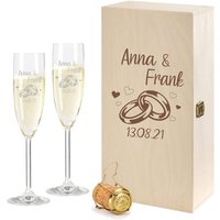 Premium Holzbox Und 2 Leonardo Sektgläser Mit Gravur Des Namens Zur Hochzeit Motiv "Ringe" Sekt-Glas Graviert Geschenkidee von foryou24