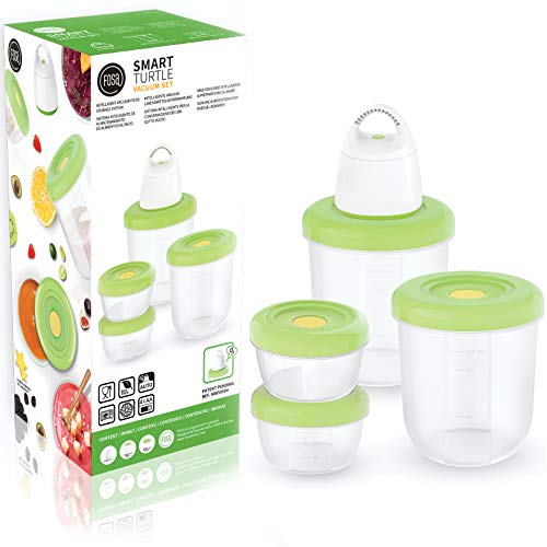 FOSA VALENCIA STARTER-SET 5-teilig - MW50004 – Smarte Vakuum-Lebensmittelaufbewahrung – Vakuumpumpe TURTLE inkl. Batterien + 4 runde Aufbewahrungsbehälter (2 x 400ML, 2 x 1.450ML) von fosa